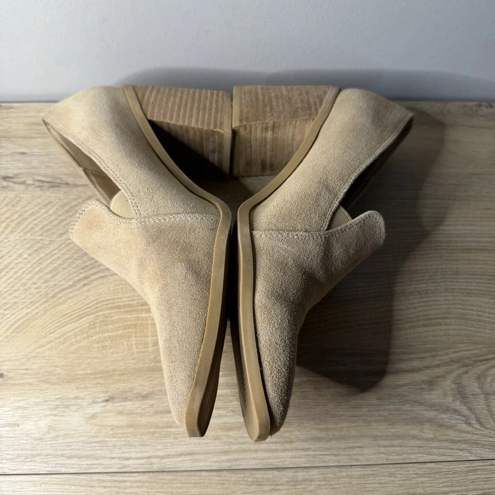 Joie Heeled Loafers Tan Suede Square Toe Block‎ Heel Slip On Mules 8.5 Career